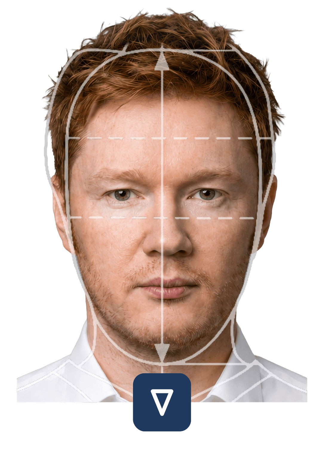 Biometric passport photo of a man with the VERID alignment guides drawn over it.
