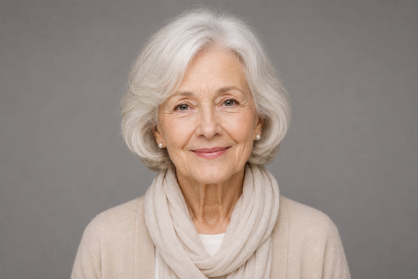Studio portrait of an older woman with white, wavy hair, a light-coloured scarf and a beige cardigan, smiling at the camera against a grey background.
