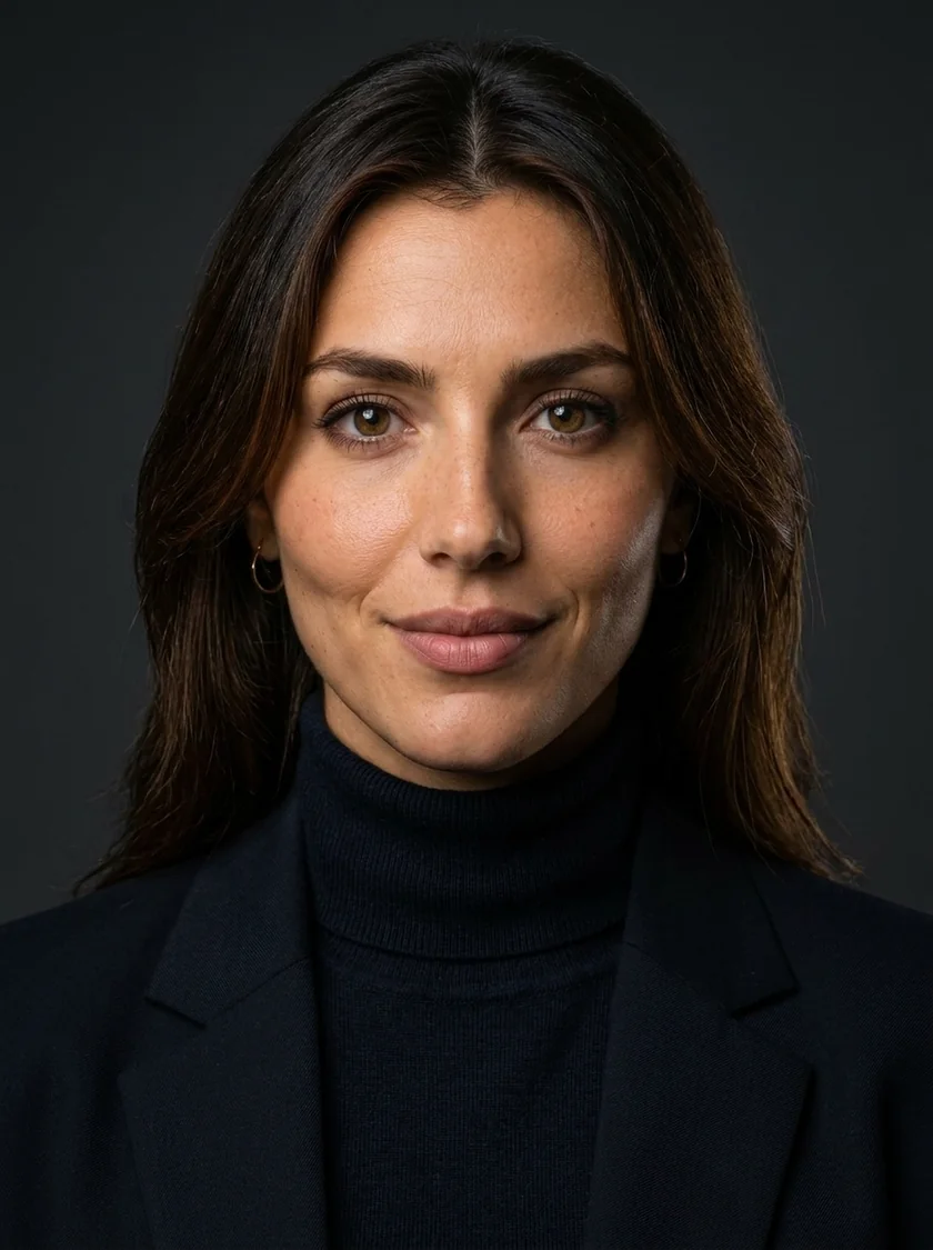 Business Portrait in der Szene Executive Closeup: eine Frau in dunklem Sakko über dunklem Rollkragen, nah gefasst vor tiefgrauem Studiogrund, weiches Seitenlicht.