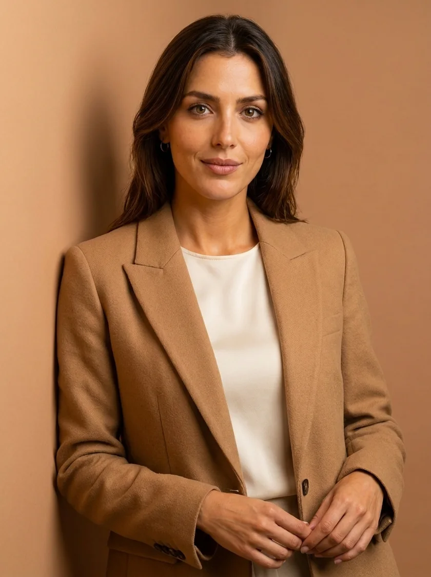 Business Portrait in der Szene Studio Camel Beige: eine Frau im camelfarbenen Blazer über cremefarbenem Oberteil vor beigem Studiogrund, warmes weiches Licht.