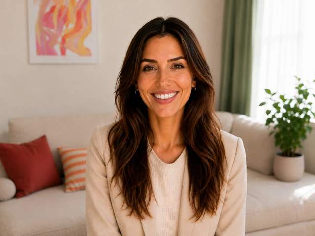 The same woman smiling broadly, her upper row of teeth clearly visible.