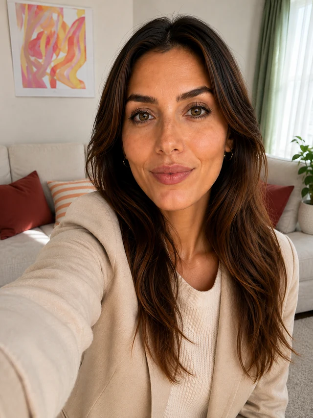 Selfie at arm's length, her own arm reaches into the frame and her face fills almost the whole picture.