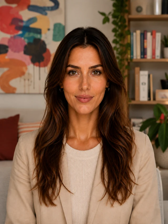 Raw photo in front of a busy background with a framed picture, a bookshelf and a plant, background not yet removed.