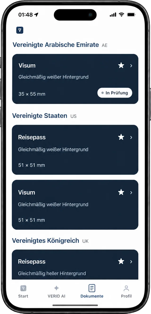 VERID App, Dokumentenliste nach Ländern: Vereinigte Arabische Emirate, Vereinigte Staaten und Vereinigtes Königreich mit Kartenangaben zu Hintergrund und Maßen.