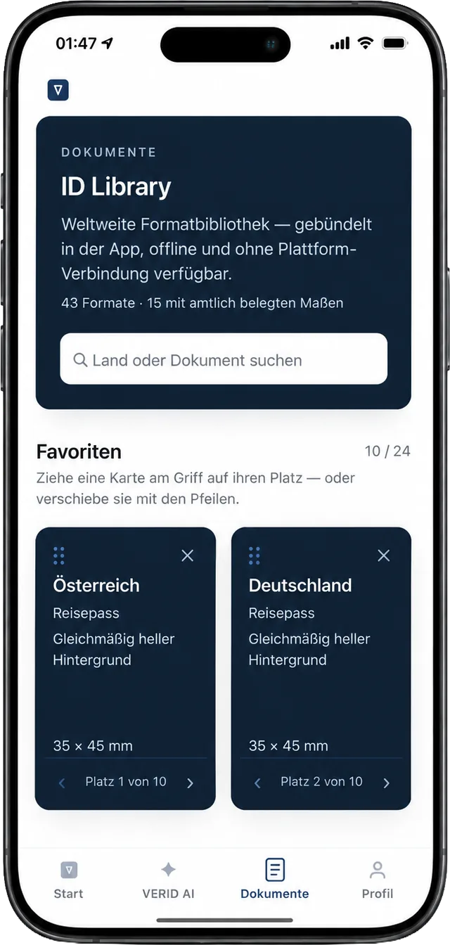 VERID App, Bereich Dokumente: die Karte „ID Library“ mit Suchfeld und darunter die Favoriten Österreich und Deutschland, jeweils Reisepass 35 × 45 mm.