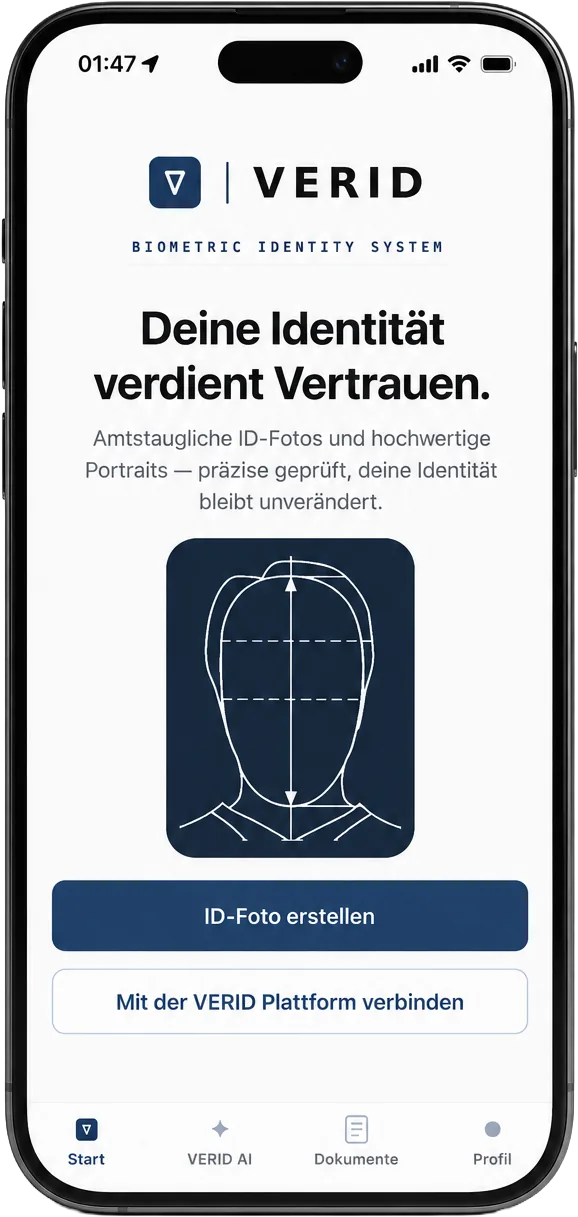 iPhone mit der VERID App: Startseite mit Wortmarke, dem Satz „Deine Identität verdient Vertrauen.“, der biometrischen Maske und den Schaltflächen „Passfoto erstellen“ und „Mit der VERID Plattform verbinden“.