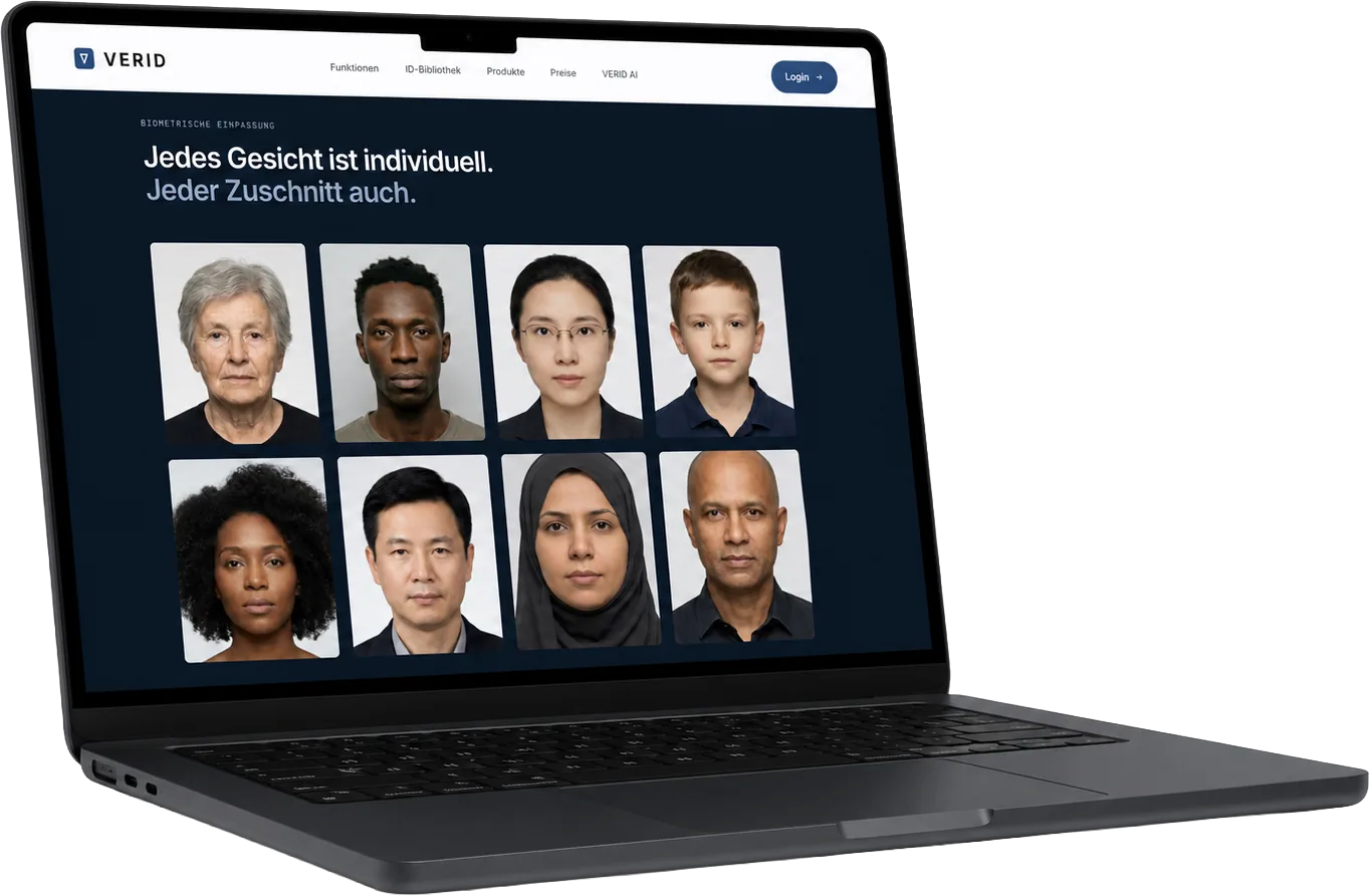 MacBook schräg von der Seite mit verid.at: der dunkle Abschnitt „Jedes Gesicht ist individuell. Jeder Zuschnitt auch.“ und darunter acht fertige Passbilder von Menschen unterschiedlichen Alters und unterschiedlicher Herkunft.
