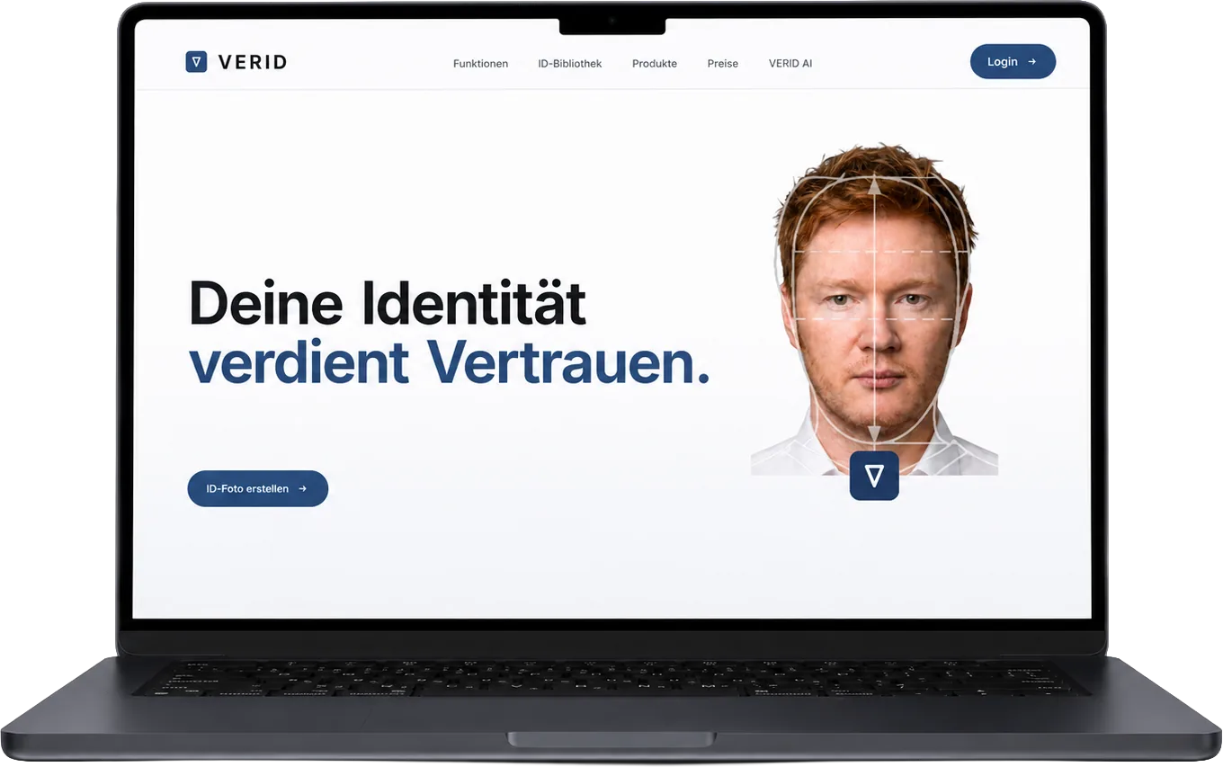 MacBook von vorn mit der Startseite von verid.at: links die Überschrift „Deine Identität verdient Vertrauen.“ und die Schaltfläche „Passfoto erstellen“, rechts ein Portrait mit eingezeichneten biometrischen Hilfslinien.