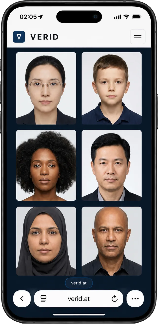 verid.at im mobilen Browser: sechs fertige Passbilder im Raster, Frauen und Männer verschiedenen Alters und verschiedener Herkunft vor hellem Hintergrund.