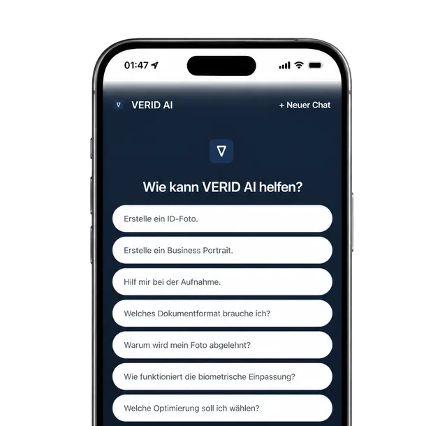 iPhone showing VERID AI: the header “VERID AI” with “+ New chat”, the VERID signet, the question “How can VERID AI help?” and the suggestion cards from “Create an ID photo.” to “Which optimisation should I choose?”.