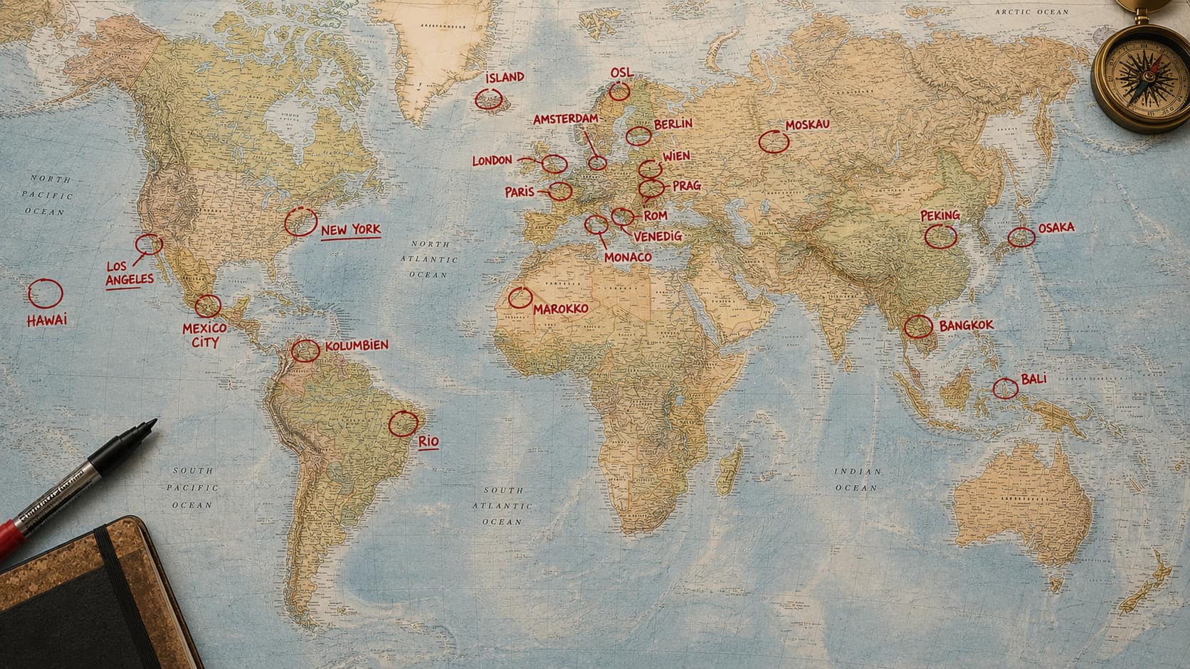 Weltkarte mit rot umkringelten Reisezielen von Los Angeles über Wien und Moskau bis Bangkok, daneben ein Filzstift und ein Notizbuch.
